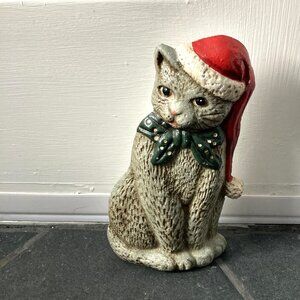 Vintage Cast Iron Christmas Doorstop, Gray Cat w Santa Hat, 8.5 x 4.5 in Holiday